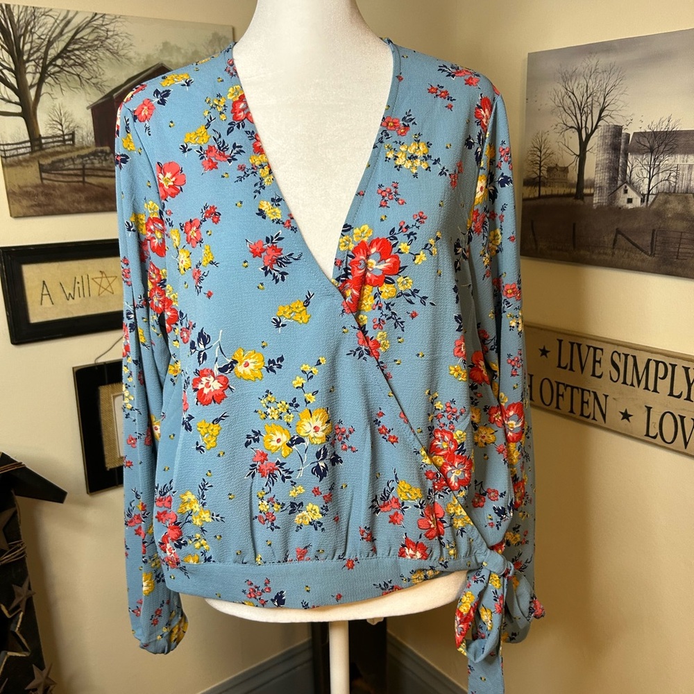 JustFab Blue Long Sleeve Wrap Blouse